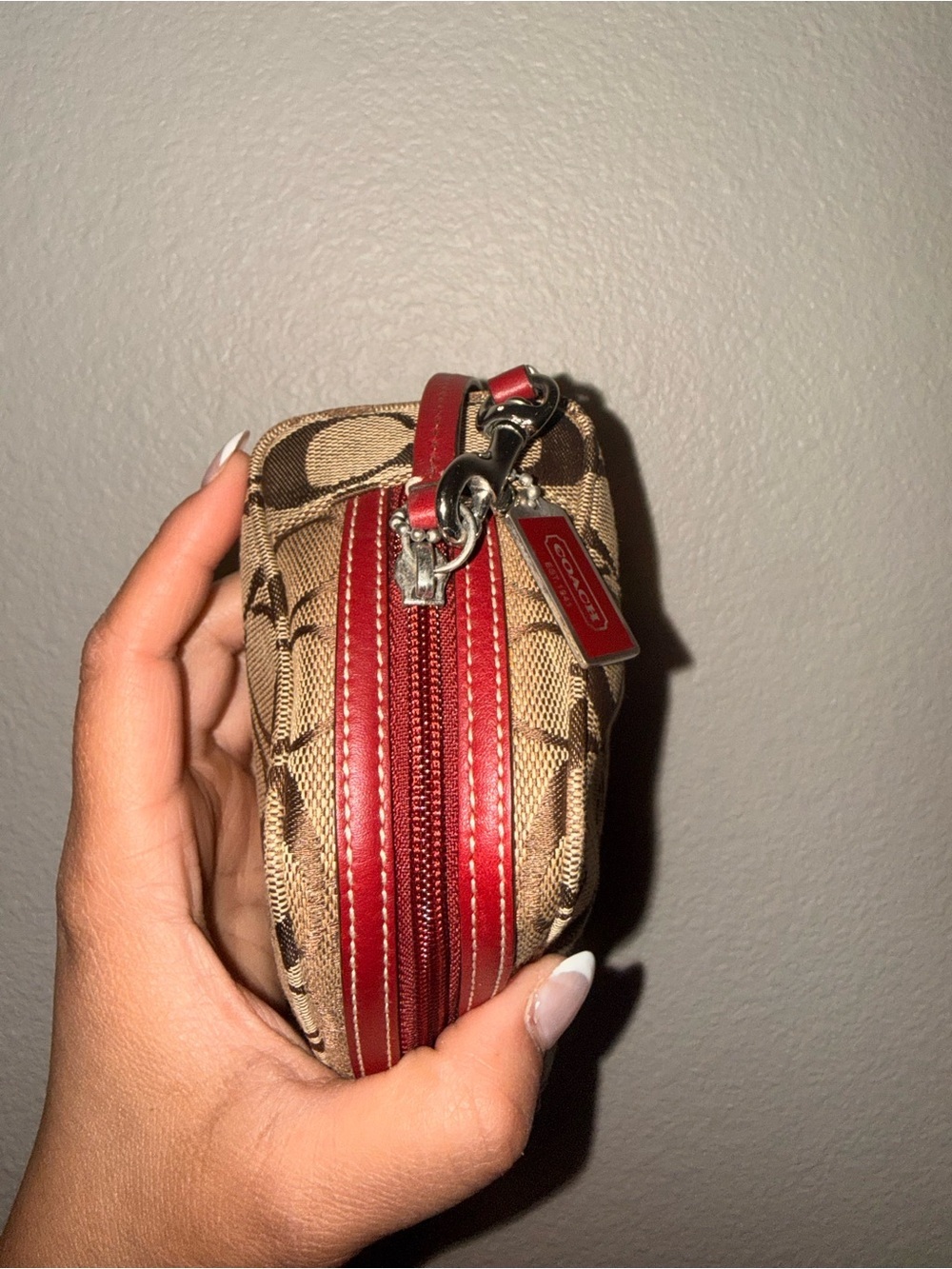 Coach Signature Canvas Wristlet in Brown with Red Strap - Picture 13 of 13